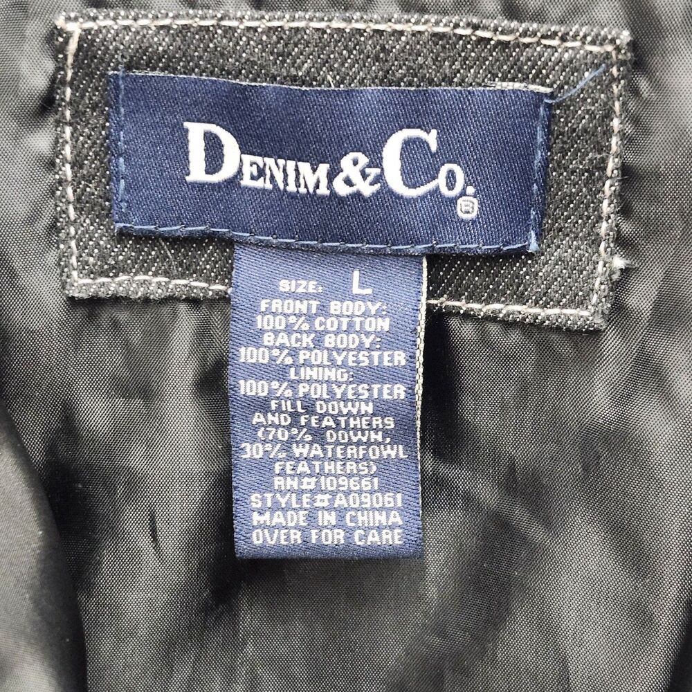 Denim and Co Black Denim Puffer Vest Womens Large Down Feather Fill Snap Zipper - Picture 9 of 12